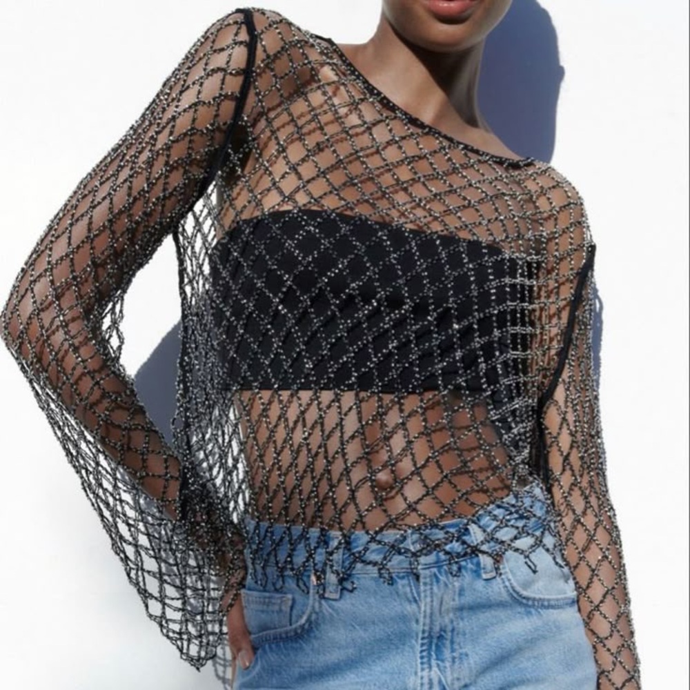 Zara rhinestone beaded mesh top